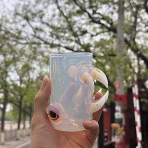 Eye Glass - Hand-blown glass art with eyeball and fangs Frosted white jade fantasy monster alchemy cup