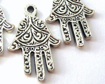 4 Hamsa charms, antiqued silver, 22mm x 14mm, Hand of Fatima jewelry supplies, amulet, good luck, protection, Judaica, Islam symbol