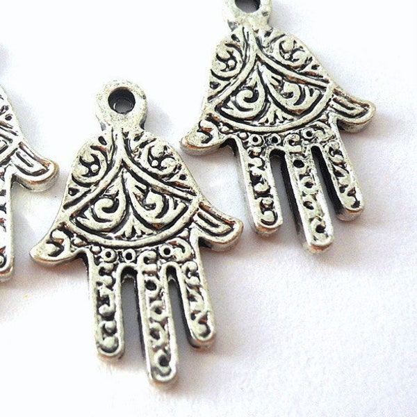 4 Hamsa charms, antiqued silver, 22mm x 14mm, Hand of Fatima jewelry supplies, amulet, good luck, protection, Judaica, Islam symbol