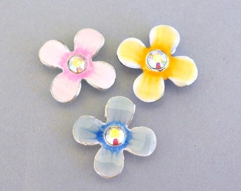 3 daisy two hole sliders beads with AB crystal, blue, yellow and pink flower spacers, 17mm, enameled pastel colors, two tone