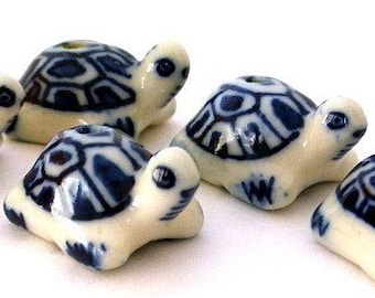 4 blue turtle beads, porcelain turtles, very cute