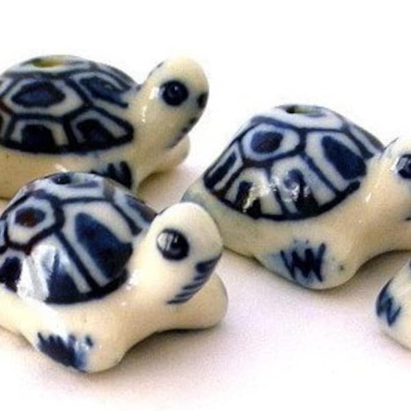 4 blue turtle beads, porcelain turtles, very cute