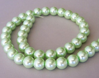 Mint green glass pearls, 10mm, light green glass pearls, full strand