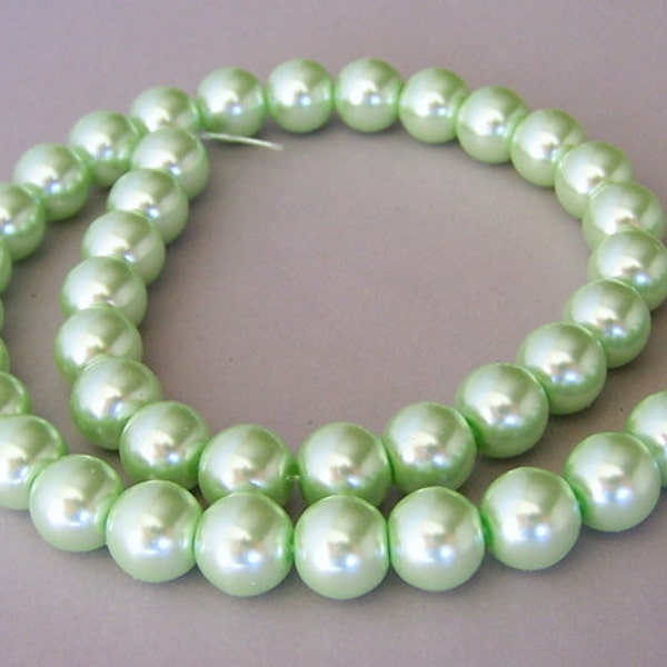 Mint green glass pearls, 10mm, light green glass pearls, full strand
