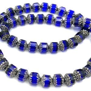 16 cobalt blue 6mm cathedral beads, Czech glass, blue and metallic silver image 1