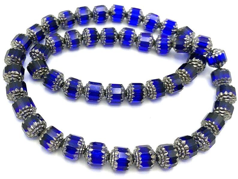 16 cobalt blue 6mm cathedral beads, Czech glass, blue and metallic silver image 1