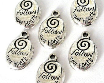 6 Follow your Heart charms, antiqued silver