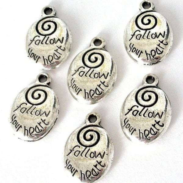 6 Follow your Heart charms, antiqued silver