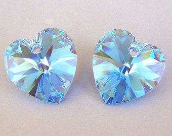 Aquamarine AB 14mm crystal heart pendants, Austrian crystal, interchangeable with Swarovski, light blue premium precision-cut sparkly, qty 2
