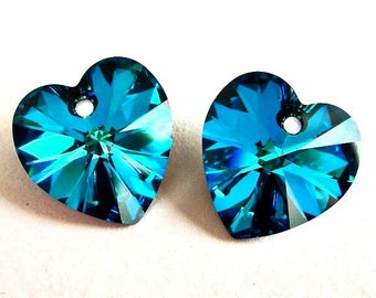 14mm Bermuda Blue hearts, Austrian crystal pendants, teal blue, interchangeable with Swarovski, premium precision-cut sparkly, qty 2