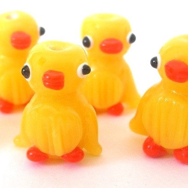 3 yellow duck beads, lampwork glass, orange markings, Easter beads