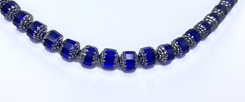 16 cobalt blue 6mm cathedral beads, Czech glass, blue and metallic silver image 4