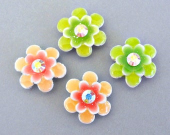 4 floral two hole slider beads with AB crystal, 2 green and 2 peach flower spacers, 16mm enameled pastel colors, two tone