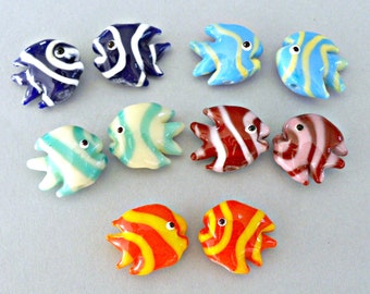 10 striped angelfish beads, lampwork glass, multicolored, 20mm tall x 20-22mm wide, 5 pairs as shown in photos