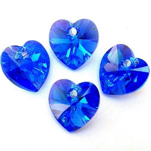 4 Sapphire AB crystal heart pendants, 10mm Austrian top-drilled blue hearts, premium precision-cut, interchangeable with Swarovski