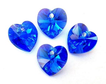 4 Sapphire AB crystal heart pendants, 10mm Austrian top-drilled blue hearts, premium precision-cut, interchangeable with Swarovski