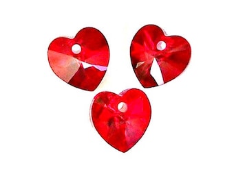 10mm Siam AB Swarovski crystal heart pendants, deep red, Qty 3, dark crimson, scarlet