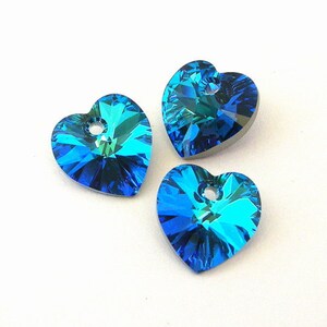 3 Bermuda Blue 10mm crystal heart pendants, 10mm teal blue premium Austrian crystal, interchangeable with Swarovski, sparkly crystal hearts image 2