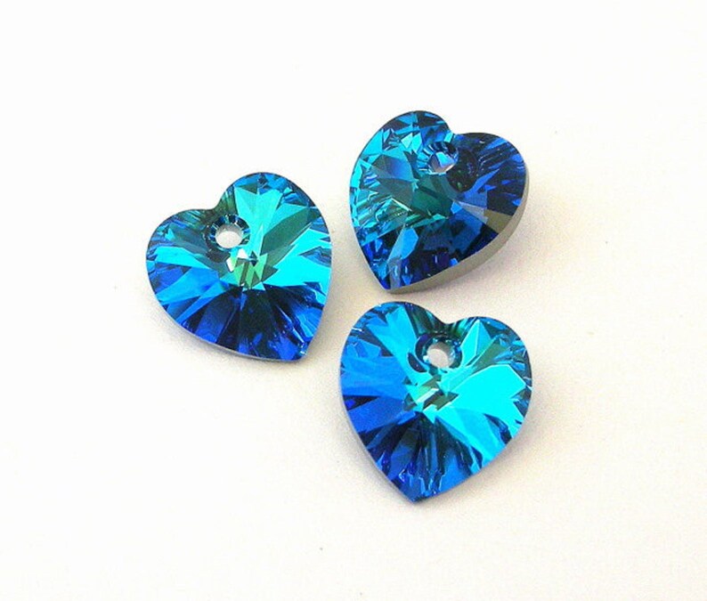 3 Bermuda Blue 10mm crystal heart pendants, 10mm teal blue premium Austrian crystal, interchangeable with Swarovski, sparkly crystal hearts image 2