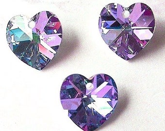 3 Vitrail Light heart Swarovski crystal pendants, 10mm lavender purple, pink and blue