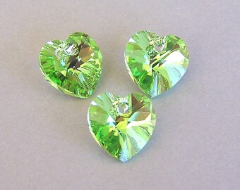 3 peridot AB crystal 10mm heart pendants, 10mm small light green Austrian crystal hearts, top-drilled, interchangeable with Swarovski