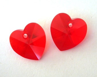 14mm red Swarovski crystal heart pendants, light siam 14mm, no AB coating, qty 2