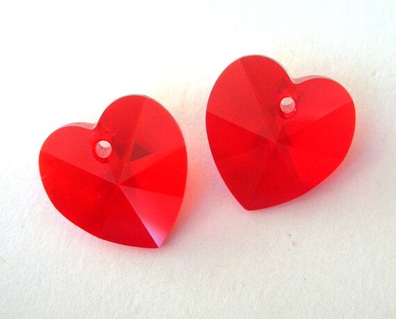 14mm red Swarovski crystal heart pendants, light siam 14mm, no AB coating, qty 2