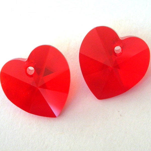 14mm red Swarovski crystal heart pendants, light siam 14mm, no AB coating, qty 2