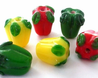 6 mixed bell pepper beads, lampwork glass - 2 yellow, 2 red, 2 green