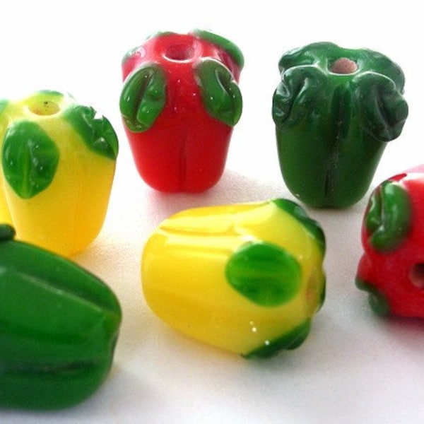 6 mixed bell pepper beads, lampwork glass - 2 yellow, 2 red, 2 green