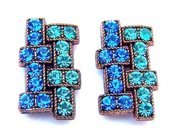 2 sapphire and teal green sliders, large Art Deco style beads, blue and green two hole slider beads, geometric design, 34mm x 20mm