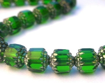 9 emerald cathedral 8mm beads, green Czech fire polish glass beads, Christmas beads, emerald and silver