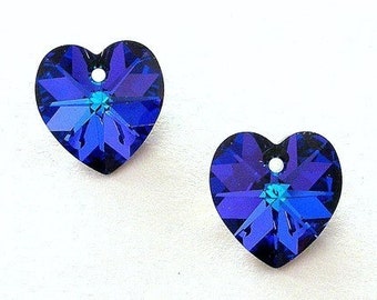 2 Heliotrope 14mm crystal heart pendants, purple Austrian crystal, bluish purple 14mm, precision-cut, interchangeable with Swarovski