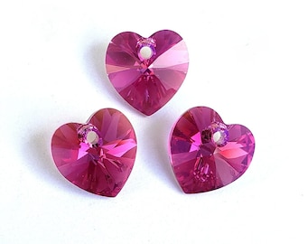 Fuchsia AB Swarovski crystal heart pendants, 10mm magenta pink hearts, Valentine's Day supplies, qty 3