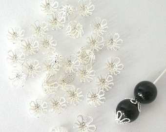 40 filigree silver plated beadcaps, 7mm flower shape, flexible, bendable bead cap, fits 8mm, 9mm bead