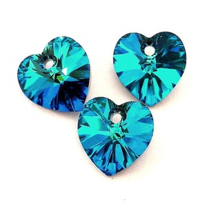 3 Bermuda Blue 10mm crystal heart pendants, 10mm teal blue premium Austrian crystal, interchangeable with Swarovski, sparkly crystal hearts image 1