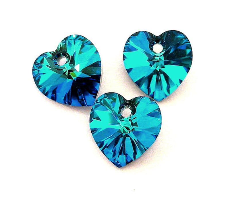 3 Bermuda Blue 10mm crystal heart pendants, 10mm teal blue premium Austrian crystal, interchangeable with Swarovski, sparkly crystal hearts image 1