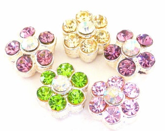 5 TINY crystal daisy 2 hole slider beads or buttons, 9mm sparkly pastel flower two hole spacer beads, amethyst, yellow, pink, green