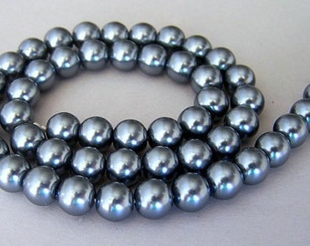 Charcoal grey glass pearls, dark gray pearls, 8mm gray glass pearls, deep pewter pearls, silver gray pearls, full strand