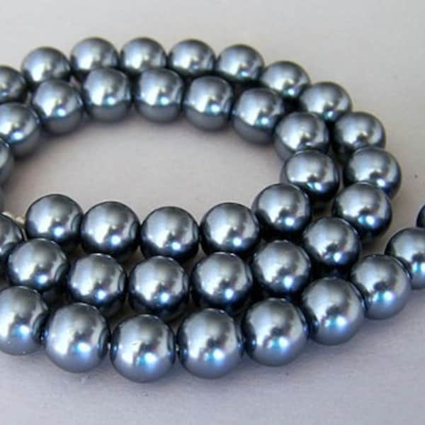 Charcoal grey glass pearls, dark gray pearls, 8mm gray glass pearls, deep pewter pearls, silver gray pearls, full strand