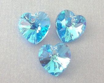 Aquamarine AB Swarovski crystal hearts, 10mm, Qty 3