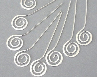 8 silver spiral headpins, hammered silver plated swirl, 4 pairs, 19 gauge head pins