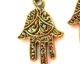 5 gold Hamsa charms, antiqued gold plated pewter, 22x14mm