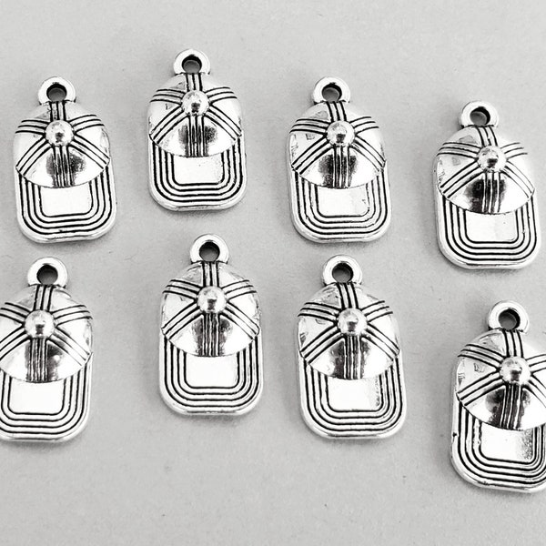8 baseball cap charms, softball caps, antiqued silver 19mm x 10mm, sports jewelry supplies