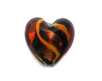 Bronze and gold heart bead, swirled glass, 25x25mm