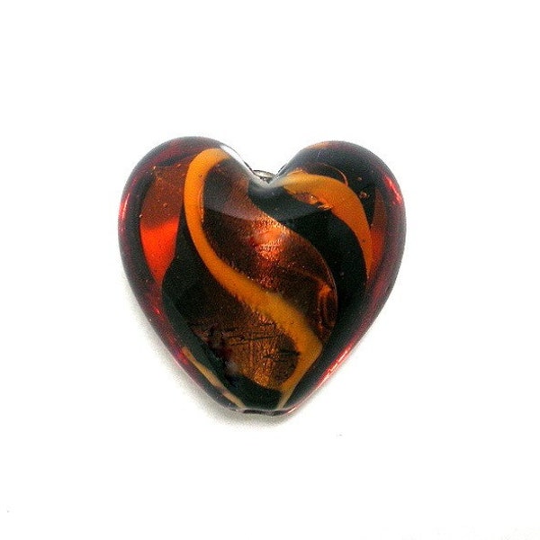 Bronze and gold heart bead, swirled glass, 25x25mm