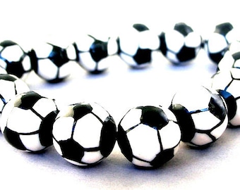 4 soccer ball 15mm beads, porcelain soccer beads, black and white