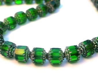 16 emerald cathedral 6mm beads, green Czech fire polish glass beads, Christmas beads, emerald and silver