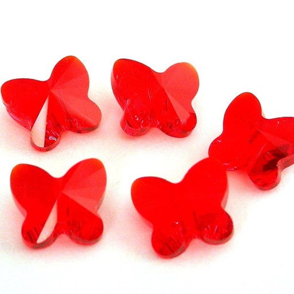 5 TINY red Swarovski crystal butterfly beads, 7mm