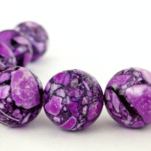 8 violet purple round beads, 15mm magnesite mosaic, 5/8 inch in diameter